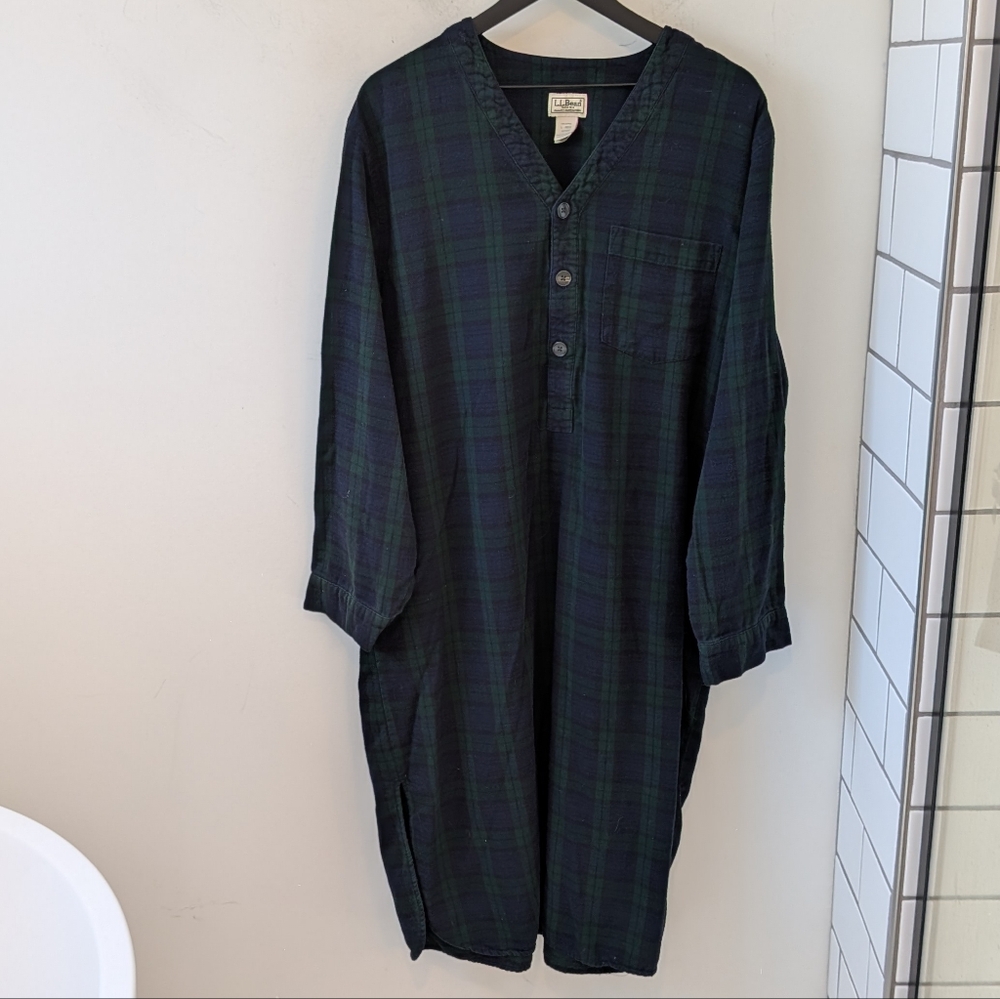 L.L. Bean Men's Green Blue Plaid Flannel Night Shirt Pajama Large